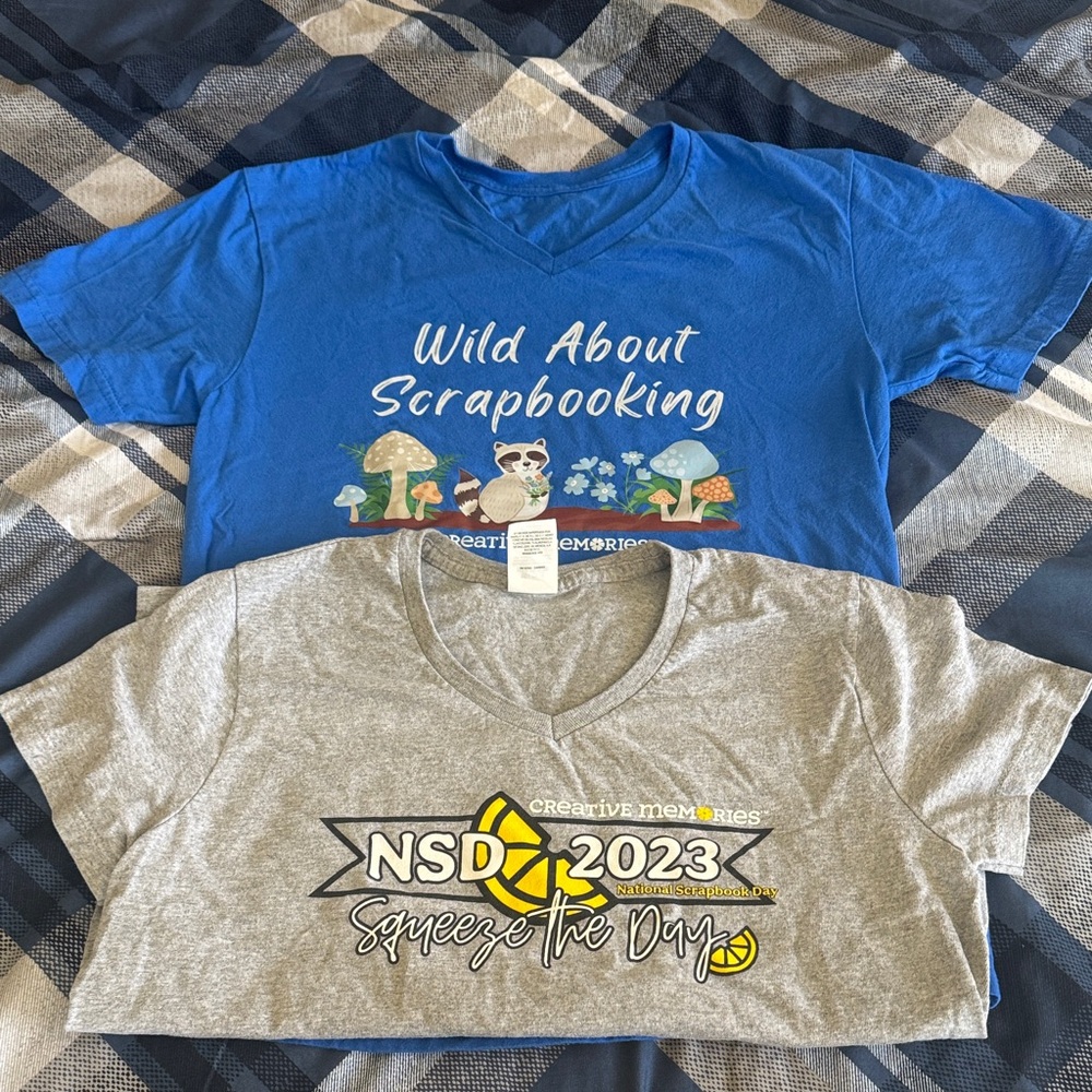 Creative Memories National Scrapbook Day V-neck T-Shirt Lot Raccoon Lemon theme